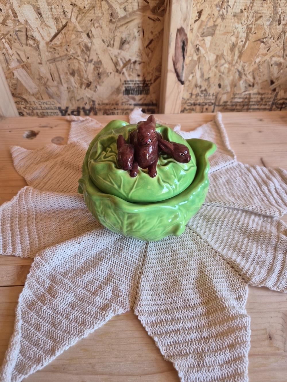 Vintage Cabbage Cookie Jar with 3D Bunnies - Farmhouse Easter Decor